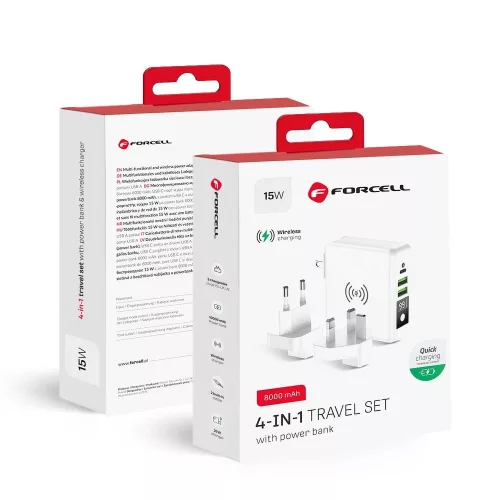 Forcell 4 az 1-ben multifunkciós gyorstöltő power bankkal és vezeték nélküli töltéssel USB + Type C 15W 8000mAh