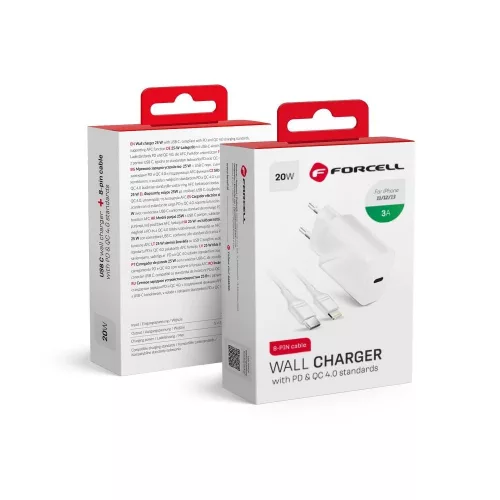 Forcell hálózati töltő utazáshoz Lightning kábellel, Type C kimenettel 3A 20W PD / QC4.0