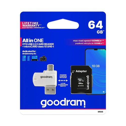 GoodRam All In One memóriakártya TransFlash 64GB, SD adapter, USB kártyaolvasó, M1A4