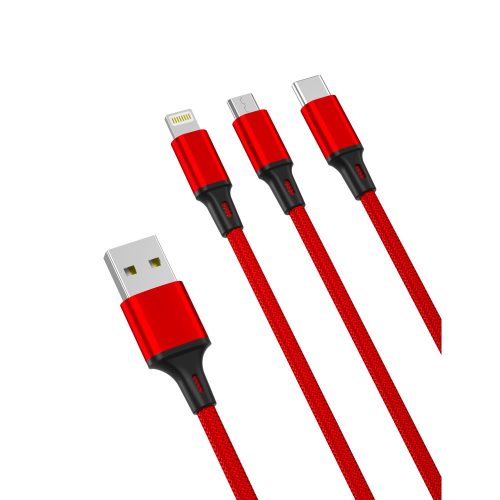 XO NB173 3 az 1-ben adat- és töltőkábel Micro USB / Lightning / Type C 1,2 méter 2,4A piros
