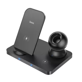   HOCO CW33 3 az 1-ben vezeték nélküli töltő 15 W-os gyors töltőállomás dokkoló állvány Airpodokhoz iWatch-hoz, Fekete
