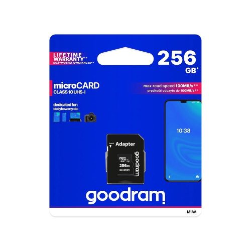 GOODRAM microSD SD memória kártya 256GB CLASS 10 UHS I 100MB/s adapterrel