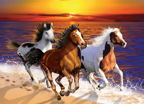 3D fa puzzle, Wild horses on the beach 505 darab