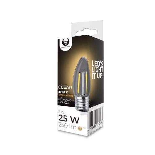 Forever Light LED izzó Filament E27 C35 2W 230V 2700K 250lm COG átlátszó