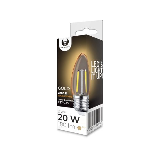 Forever Light LED izzó Filament E27 C35 2W 230V 2200K 180lm COG arany