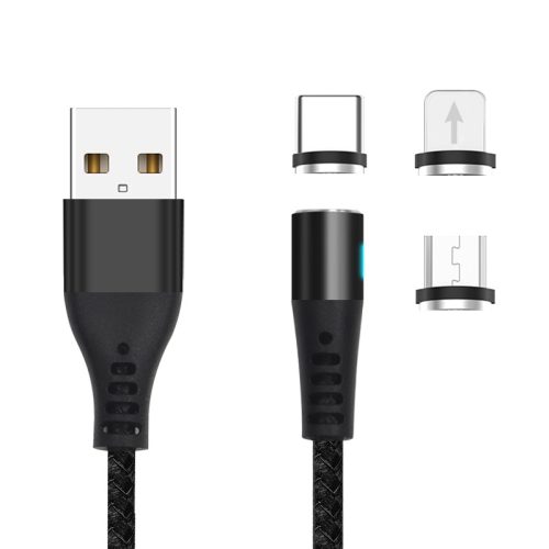 Adatkábel / töltőkábel 3 az 1-ben (USB - Micro USB / Type C / Lightning) Maxlife MXUC-02 mágneses 2A fekete