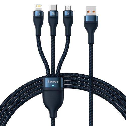 Baseus Flash II 3 az 1-ben adat- és töltőkábel USB + Type C - Lightning + Type C + Micro USB 1,5m 3,5A 100W kék