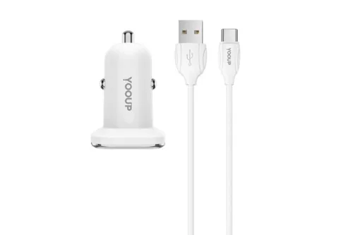 YOOUP C01 DUPLA SZIVARGYÚJTÓ T&Ouml;LTŐVÉG 2.4A + USB TYPE-C KÁBEL FEHÉR