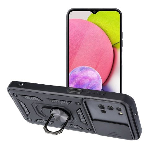 Samsung A025F Galaxy A02s/A037G Galaxy A03s ütésálló hátlap gyűrűvel és         kameravédővel - Slide Armor - fekete