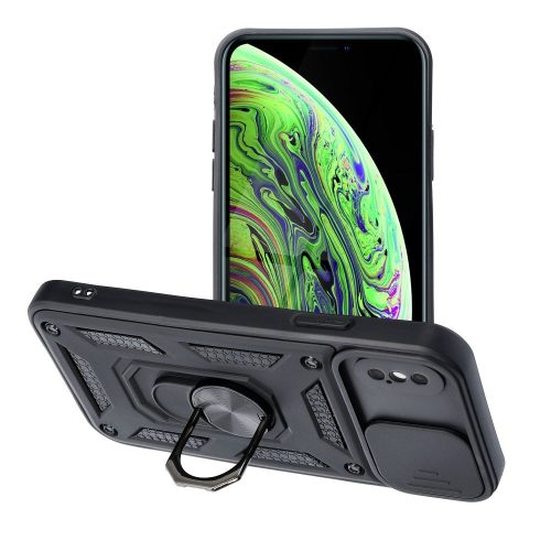 Apple iPhone X/XS ütésálló hátlap gyűrűvel és kameravédővel - Slide Armor -     fekete