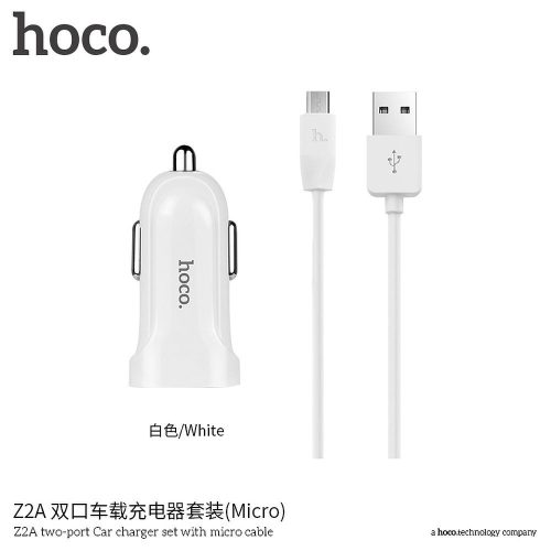 Hoco Z2A Autós töltő Micro USB kábellel 2 USB 2,4A fehér