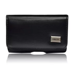   Forcell univerzális övre csatolható fekvő fekete bőrtok (Apple iPhone 5G/5S/5C, Xperia J)