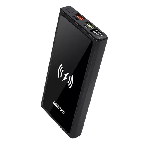 Astrum PB640 20000mAh fekete gyorstöltő PD 3.0, QC 4.0 power bank vezeték nélküli töltéssel, 2X USB-A (2.4A), 1X Type-C (22,5W), li-polymer cellákkal