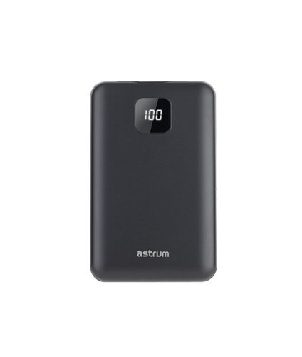 Astrum PB450 10000mAh fekete fémházas gyorstöltő PD power bank 22,5W, 1X QC 3.0 USB-A, USB-C, li-polymer cellákkal, LCD