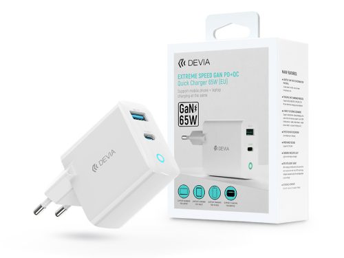 Devia GaN hálózati töltő adapter USB + Type-C bemenettel - 65W - Devia Extreme  Speed GaN PD + QC Quick Charger - white