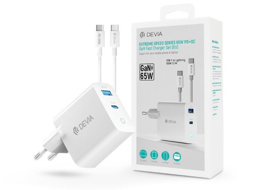 Devia GaN hálózati töltő adapter USB + Type-C bemenettel, Type-C kábellel - 65W - Devia Extreme Speed Series 65W PD + QC GaN Fast Charger Set - white