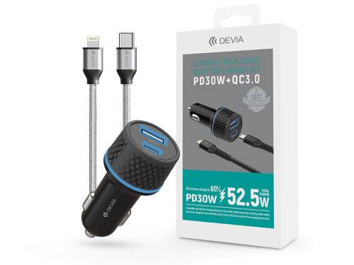 Devia szivargyújtós töltő adapter USB + Type-C bemenettel, Lightning - Type-C   kábellel - 52,5W - Devia Extreme Speed Series Quick Car Charger Set PD 30W + QC 3.0 - black