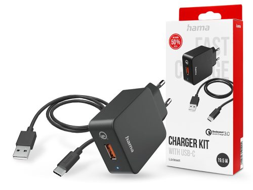 HAMA hálózati töltő adapter USB-A bemenettel + Type-C kábel - 19.5W - HAMA      Charger Kit with USB-C QC3.0 - fekete