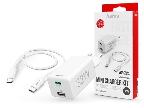 HAMA hálózati töltő adapter USB-A + Type-C bemenettel + Type-C - Type-C kábel - 32W - HAMA Mini Charger Kit PD3.0 + QC3.0 - fehér