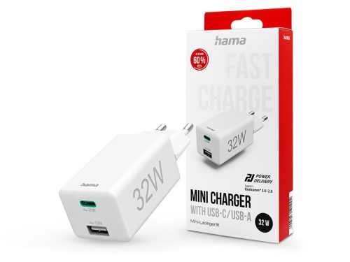 HAMA hálózati töltő adapter Type-C + USB-A bemenettel - 32W - HAMA Mini Fast    Charge PD3.0 + QC3.0 - fehér