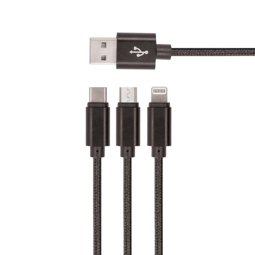 Setty 3 az 1-ben Adat- és töltőkábel USB Micro USB / Type C / Lightning nejlon borítású fekete