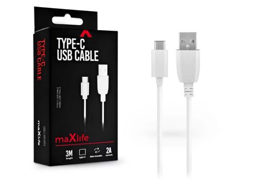Maxlife Type C Adat- és töltőkábel gyorstöltés-kompatibilis 2A 3 méter fehér