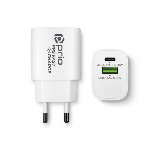 prio Fast Charge Wall Charger 20W PD (USB C) + QC 3.0 (USB A) white