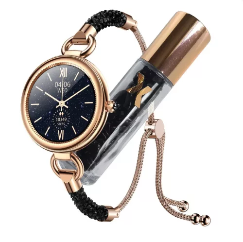 Maxcom FW51 Crystal fekete - arany IP68 vízálló okosóra pulzus és vérnyomásmérővel olaj / parfümös üvegcsével