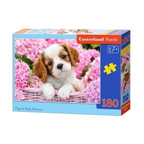 Puzzle 180 darab Pup in Pink Flowers