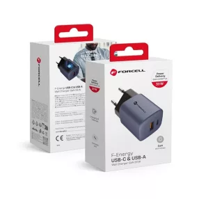   Forcell hálózati gyorstöltő, USB C + USB A - 3A 33W PD + Quick Charge 4.0 funkcióval, kék