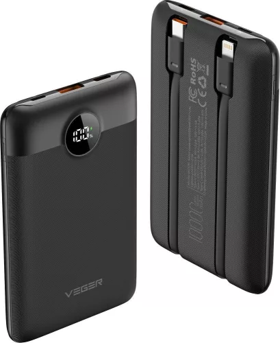 VEGER C11 BEST Powerbank  - 10 000mAh LCD Type C kábellel + Apple Lightning 8-pin QC3.0 PD 22,5W (W1170)