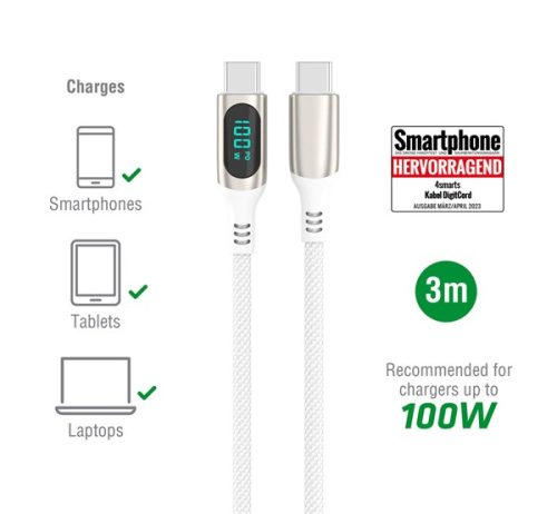 4smarts DigitCord USB-C kábel, 100W, 3m, fehér