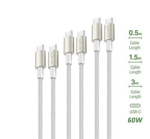 4smarts PremiumCord USB-C - USB-C kábel szett,  60W, 3x0.5M+1.5M+3M fehér / ezüst