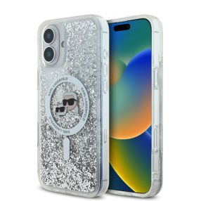   Karl Lagerfeld Liquid Glitter Karl and Choupette Heads MagSafe Apple iPhone 16 Pro (6.3) hátlapvédő tok ezüst (KLHMP16SLGKCSGH)