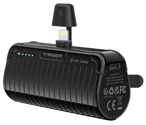 VEGER powerbank 5000 mAh Lightning PlugOn PD QC3.0 3A 20W W0558P fekete