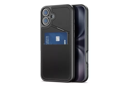 DUX DUCIS RAFI II IPHONE 16 6.1 KÁRTYATARTÓS, KITÁMASZTÓS TPU-PU TOK MAGSAFE KOMPATIBILIS FEKETE