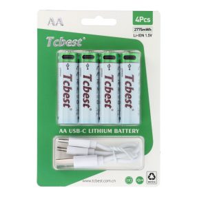   TCBEST újratölthető akkumulátor R6 (AA) 750 mAh C típusú foglalattal + USB A - 4 x C típusú kábel 4 db