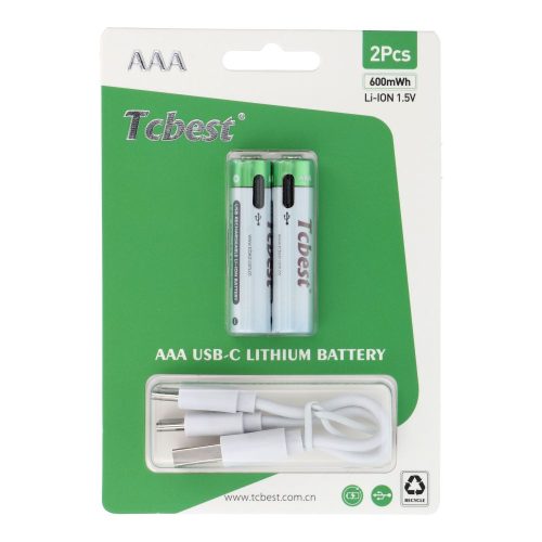 TCBEST újratölthető akkumulátor R3 (AAA) 180 mAh C típusú aljzattal + USB A - 2 x C típusú kábel 2 db