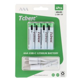   TCBEST újratölthető akkumulátor R3 (AAA) 180 mAh C típusú aljzattal + USB A - 4 x C típusú kábel 4 db