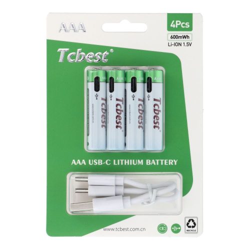 TCBEST újratölthető akkumulátor R3 (AAA) 180 mAh C típusú aljzattal + USB A - 4 x C típusú kábel 4 db