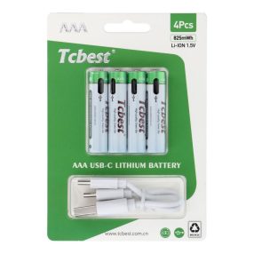   TCBEST újratölthető akkumulátor R3 (AAA) 220 mAh C típusú aljzattal + USB A - 4 x C típusú kábel 4 db