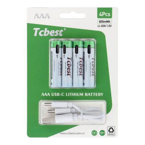 TCBEST újratölthető akkumulátor R3 (AAA) 220 mAh C típusú aljzattal + USB A - 4 x C típusú kábel 4 db