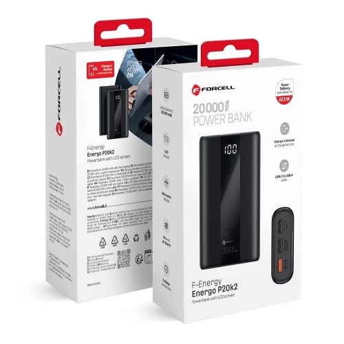 FORCELL F-ENERGY P20K2 Energo powerbank PD QC3.0 3A 22,5W 20000 mAh fekete