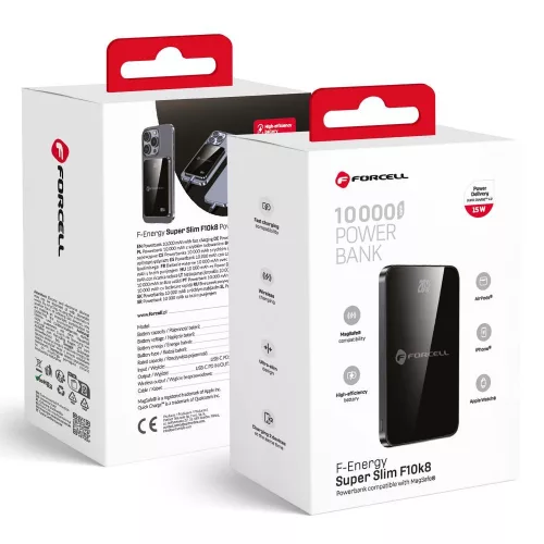 Forcell MagSafe F-Energy SuperSlim F10K8 QC4.0 PD3.0 15W 10000 mAh fekete 0INT készülékkel kompatibilis külső akkumulátor