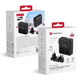   FORCELL F-ENERGY multifunkcionális töltő 45W 6 az 1-ben USB A és USB C csatlakozókkal, 15000mAh-s külső akkumulátorral és 15W-os vezeték nélküli töltéssel