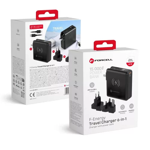FORCELL F-ENERGY multifunkcionális töltő 45W 6 az 1-ben USB A és USB C csatlakozókkal, 15000mAh-s külső akkumulátorral és 15W-os vezeték nélküli töltéssel