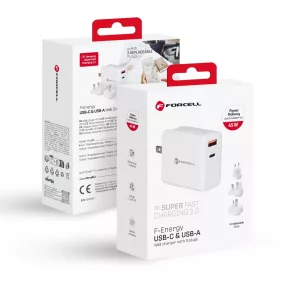   Forcell F-Energy 3in1 USB C + USB A QC4.0 PD 3A 45W Telefontöltő Három Cserélhető Csatlakozóval (EU / UK / US) TFK-TC-45WPDAC Fehér