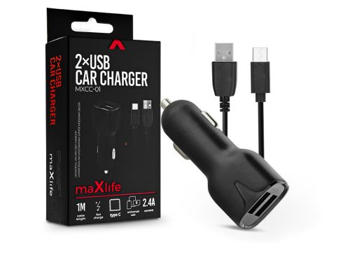 Maxlife 2xUSB szivargyújtó töltő adapter 1 m-es Type-C vezetékkel - Maxlife     MXCC-01 Type-C 2xUSB Car Fast Charger - 5V/2,4A - fekete