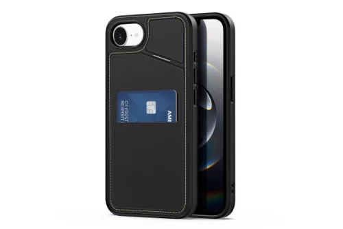 DUX DUCIS RAFI II IPHONE 16E KÁRTYATARTÓS, KITÁMASZTÓS TPU-PU TOK MAGSAFE KOMPATIBILIS FEKETE