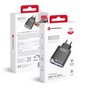   Forcell F-Energy Ultra Slim GaN III USB C + USB A PD QC4.0 3A 45W B245202(1A1C) fekete telefontöltő